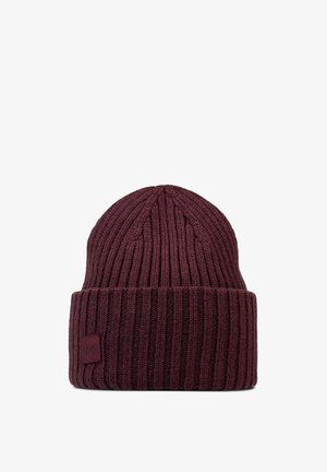 Burgundy knit beanie with a ribbed texture, featuring a folded cuff and a small brand logo tag on the side.