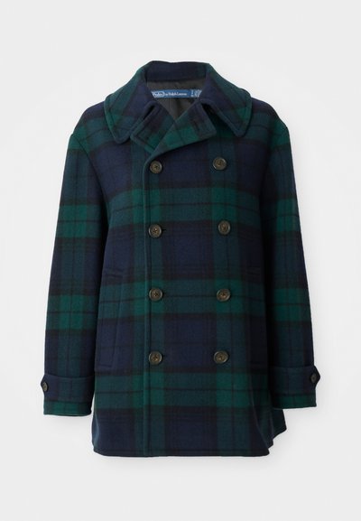 Abrigo de cuadros de doble botonadura en tonos azul oscuro y verde, hecho de lana, con un cuello ancho y puños abotonados.
