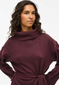 Pull en tricot bordeaux avec un col haut, des manches longues et une ceinture à la taille. La texture est douce et légèrement extensible.