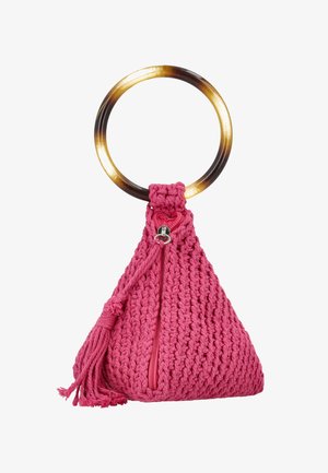 Neulottu vaaleanpunainen käsilaukku kolmion muotoinen, jossa on kultasävyinen renkaankahva ja sivuvetoketju, koristeltu tupsuyksityiskohdalla.