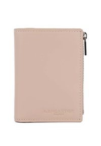 Portefeuille en cuir rose avec fermeture  éclair, design minimaliste, marquage en relief et surpiqûres contrastées. Texture lisse avec une forme compacte.