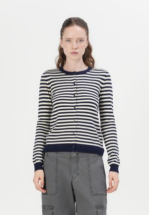 Marineblauwe en crèmekleurige gestreepte cardigan met lange mouwen, ronde hals en knoopsluiting aan de voorkant. Heeft ribgebreide manchetten en zoom.