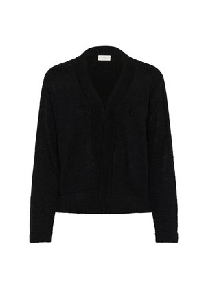 Schwarzer Strickcardigan mit V-Ausschnitt, offener Front und langen Ärmeln. Texturiertes Material mit lockerer Passform, ideal zum Schichten.