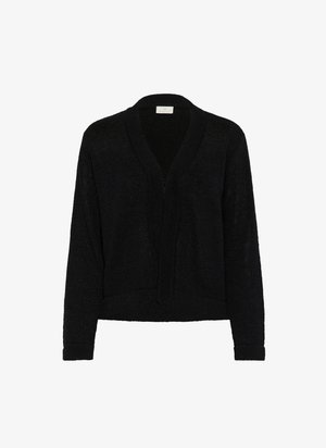 Black knitted cardigan with a V-neck, open front, and long sleeves. Textured fabric with a loose fit, suitable for layering.
