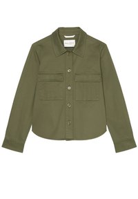 Camisa chaqueta de algodón verde oliva con cuello, dos bolsillos en el pecho y cierre frontal de botones. Mangas largas y dobladillo recto.