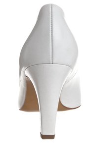 Weißer High-Heel-Schuh mit glattem Lederfinish, spitzer Zehenpartie und einem schlanken, geschwungenen Absatz. Sichtbare Nahtdetails entlang der Naht.