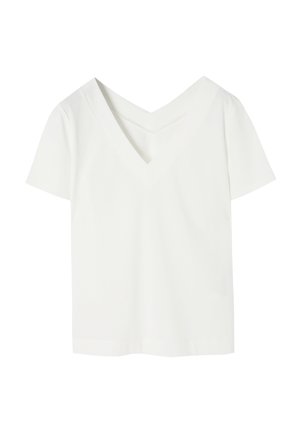 Biała, krótko rękawowa koszulka z głębokim dekoltem w kształcie litery V, wykonana z gładkiego materiału. Charakteryzuje się luźnym krojem i prostym wykończeniem bez wzorów.