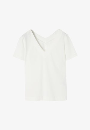 Biała, krótko rękawowa koszulka z głębokim dekoltem w kształcie litery V, wykonana z gładkiego materiału. Charakteryzuje się luźnym krojem i prostym wykończeniem bez wzorów.