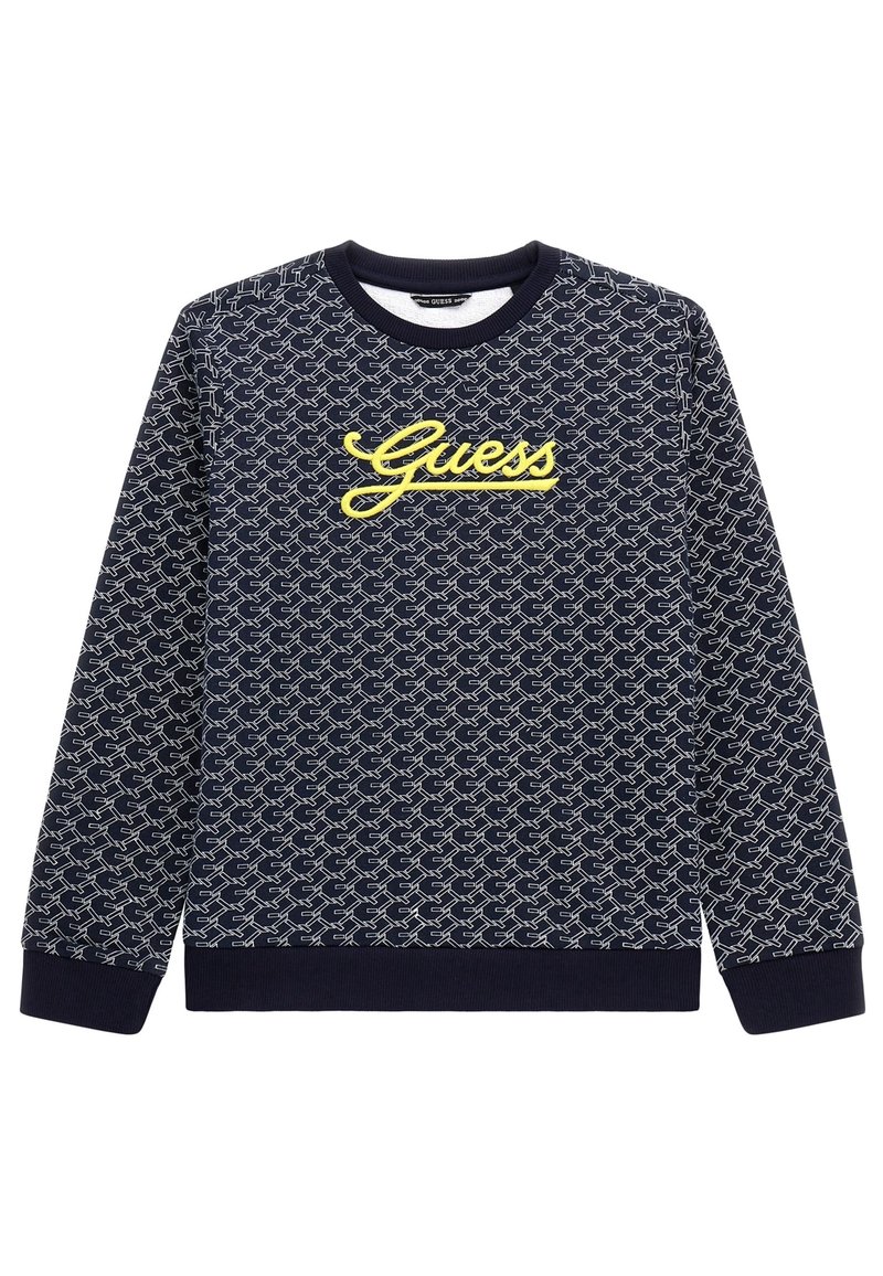 Niebieska bluza z logo Guess na piersi, w powtarzającym się jasnoszarym wzorze, z prążkowanym dekoltem i mankietami, wykonana z miękkiego materiału.