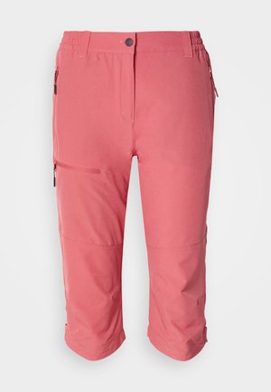 Pantalones capri color rosa claro con cintura elástica, cremallera frontal y cremalleras en los bolsillos laterales. Tejido liso y duradero con un corte ajustado.