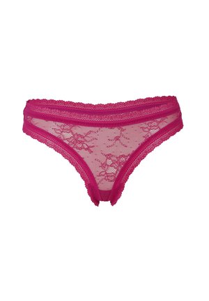 Perizoma di pizzo rosa con dettagli floreali, con una vita e aperture per le gambe a scallop per un aspetto delicato. Design semi-trasparente.