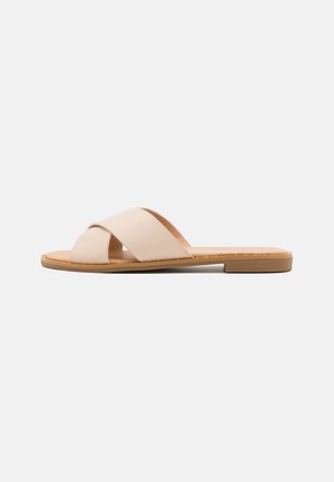 Nude leather slide sandal with crossover strap design, flat sole, and minimalistic aesthetics. Smooth texture and simple profile.