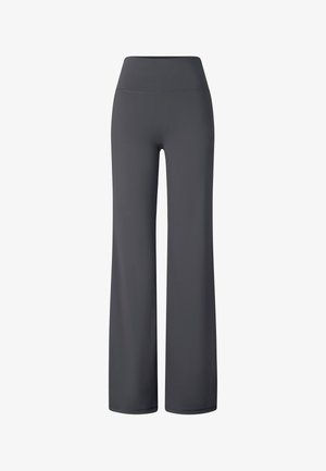 Mørkegrå bukser med høj talje og vide ben lavet af glat stof, vist mod en hvid baggrund.