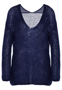 Granatowy sweter dziany z długimi rękawami, dekoltem w serek i luźnym krojem. Posiada fakturowany wzór oraz boczne rozcięcia na dolnym brzegu.