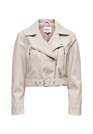 Kremowa krótka kurtka motocyklowa z paskiem, ukośnym przednim suwakiem oraz dwoma zapinanymi na zamek kieszeniami na piersi.