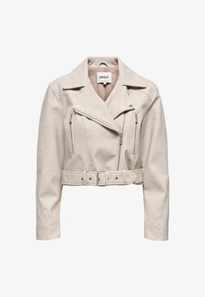 Kremfarvet cropped bikerjakke med bælte, diagonal lynlås foran og to lynlåslommer på brystet.