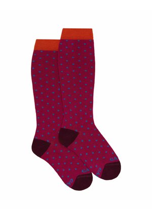 Calze al ginocchio color bordeaux con pois blu e polsini a coste arancioni. Punta e tallone rinforzati in bordeaux scuro.
