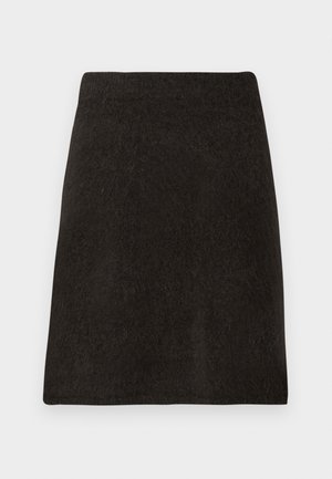 Must mustriba kõrge vöökoht ja sirge lõikega must villasegu mini seelik, ilma nähtavate mustrite või kaunistusteta.