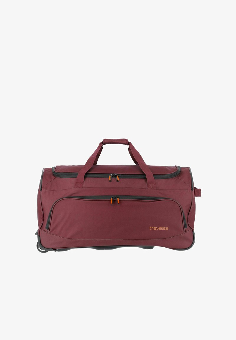 Red duffel bag with a sturdy design, featuring two zippered compartments, textured fabric, and reinforced handles with a black accent base.
