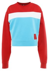 Red, blue, and white cropped sweatshirt featuring a crew neck, long sleeves, and contrasting panel design. Soft cotton blend material.