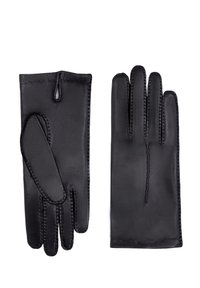 Gants en cuir noir avec un design classique, comprenant quatre doigts et un pouce, des coutures mettant en valeur un savoir-faire de qualité.