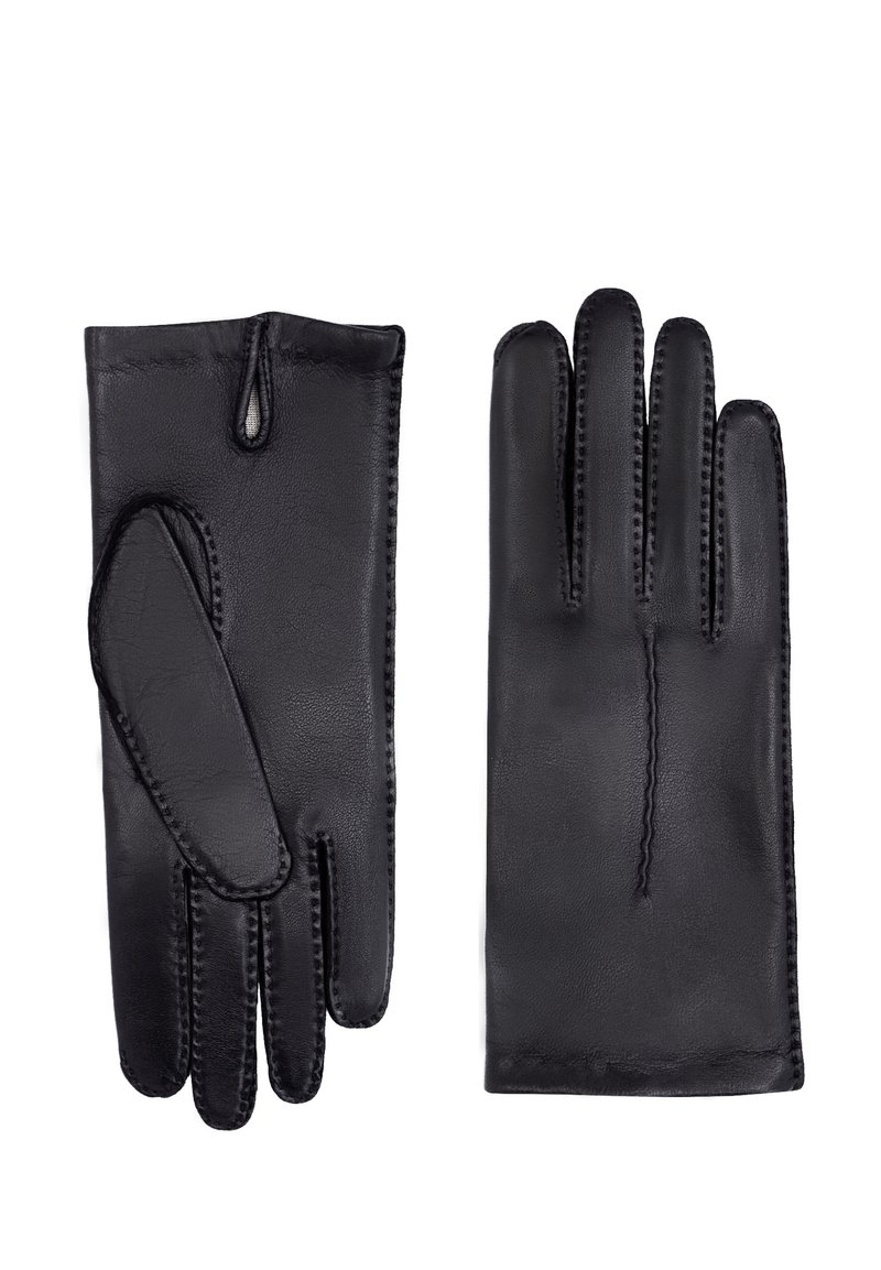 Gants en cuir noir avec un design classique, comprenant quatre doigts et un pouce, des coutures mettant en valeur un savoir-faire de qualité.