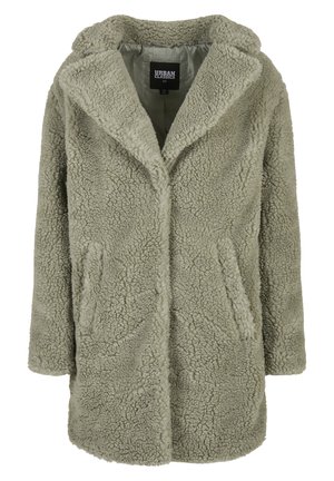 Faux päls jacka i ljus olivgrön, med en slagkrage, två framfickor och en mjuk, texturerad yta.