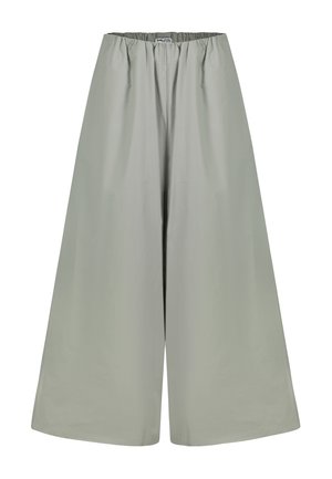 Hellgraue, weit geschnittene Hose mit elastischem Bund, lockerem Sitz und glattem Stoff ohne sichtbare Taschen oder Muster.