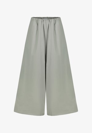 Hellgraue, weit geschnittene Hose mit elastischem Bund, lockerem Sitz und glattem Stoff ohne sichtbare Taschen oder Muster.