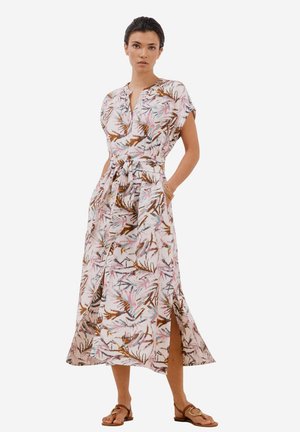 Maxikleid aus leichtem Stoff, mit einem Blumenmuster in Pink, Braun und Grün. Mit kurzen Ärmeln, einem Bindegürtel und seitlichen Schlitzen.