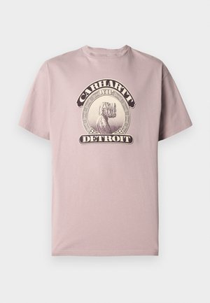Svijetlo roza pamučna majica s okruglim izrezom i kratkim rukavima, s grafičkim dizajnom u vintage stilu sa natpisom "Carhartt WIP Detroit."