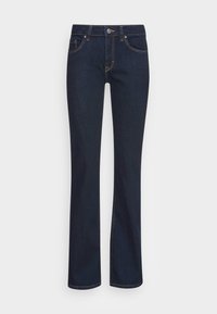 Dark blue denim jeans with a straight leg design, featuring five pockets, contrasting stitching, and a metal button closure at the waist.
