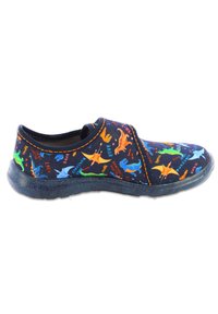 Kinderschuhe zum Hineinschlüpfen aus Stoff mit navy Hintergrund. Mit bunten Dinosaurier-Mustern und orangefarbigen Nähten, sowie einer Gummisohle.
