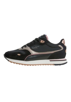 Baskets noires et roses métalliques avec semelle blanche et gomme, design à lacets et logo Pepe Jeans London sur le côté.