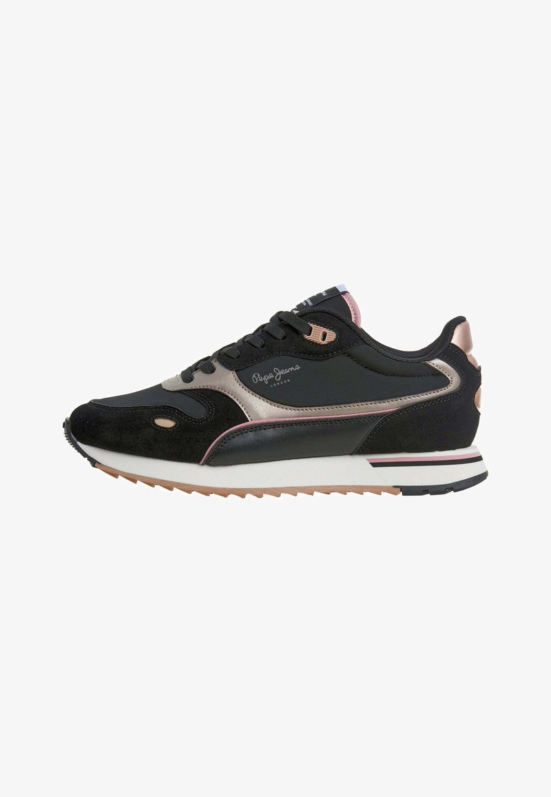 Baskets noires et roses métalliques avec semelle blanche et gomme, design à lacets et logo Pepe Jeans London sur le côté.