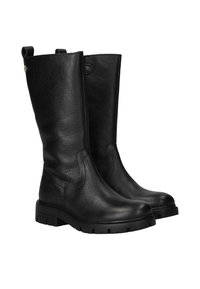 Zwarte leren kniehoge laarzen met een gestructureerde afwerking, stevige rubberen zool en zij-elastische panelen voor eenvoudig aan- en uittrekken. Voorzien van kleine lussen aan de bovenkant.