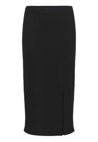 Jupe crayon noire en tissu texturé, longueur genou, avec une fente discrète à l'arrière pour faciliter les mouvements. Design simple et ajusté.