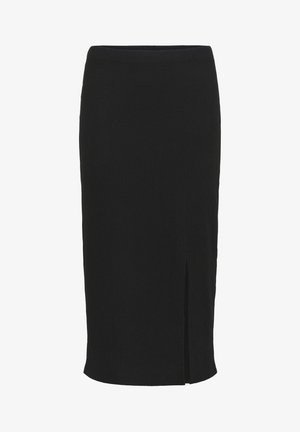 Must mustra mustritsu, millel on tekstuur, põlvepikkune, tagaküljel on peene lõhik liikumise lihtsustamiseks. Lihtne ja sobiv disain.