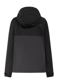 Veste à capuche noire avec un design bicolore ; la partie supérieure est noire unie et la partie inférieure est gris foncé. Comprend des poignets élastiques et un détail logo.