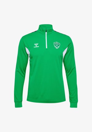 Grüner Sportpullover mit hohem Kragen, Halb-Reißverschluss, weißen Seitenakzenten und einem Logo auf der Brust. Hergestellt aus strukturiertem, atmungsaktivem Stoff.