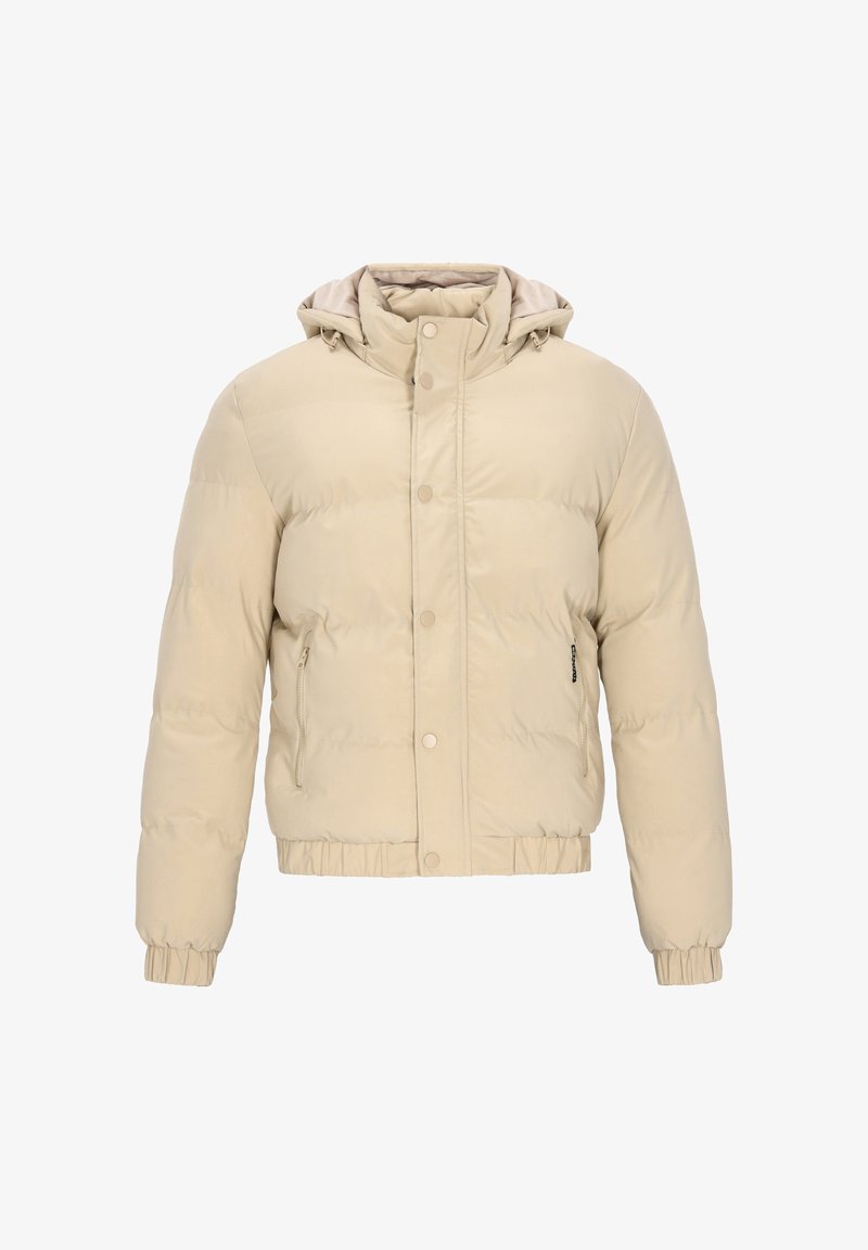 Beige dynejakke med hætte, der har en frontlynlås og knaplukning, ribstrikkede ærmekanter samt en sidelomme. Glat, let materiale.