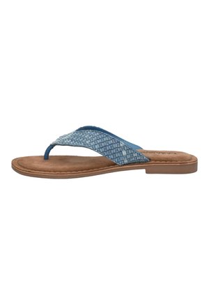 Brown flat sandal with blue woven fabric thong strap and cushioned footbed, designed for casual wear.