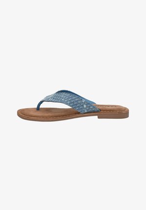 Brown flat sandal with blue woven fabric thong strap and cushioned footbed, designed for casual wear.