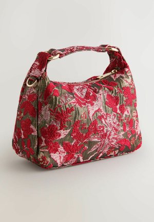 Blumenbestickte Handtasche mit einer Mischung aus roten und pinken Mustern auf grünem Hintergrund, mit einem Reißverschluss und stabilen doppelten Griffen.
