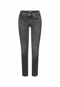 Jean slim gris foncé pour femme avec bouton devant, fermeture éclair, passants de ceinture et design cinq poches de chez Esprit.