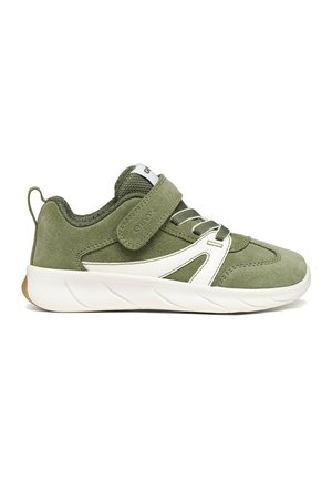 Baskets enfant vert olive avec semelle blanche, bride à scratch, lacets élastiques et languette à tirer au talon.