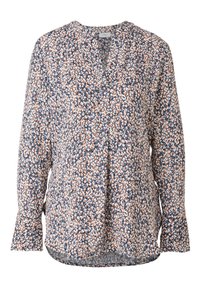 Bluzka z długim rękawem i dekoltem w serek, wykonana z lekkiego materiału w kwiatowy wzór w kolorach granatowym, brzoskwiniowym i białym, o luźnym kroju i rozszerzanych mankietach.