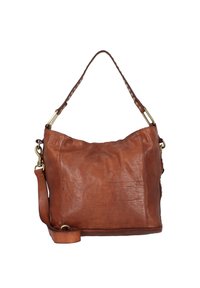 Borsa a mano in pelle marrone dal design morbido, con tracolla intrecciata e dettagli in ottone. Texture liscia, interno non foderato.