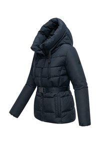 Crna zimska jakna za žene, s podstavom, visokim ovratnikom, podesivim užetima, zatvaranjem na zip, bočnim džepovima i pojasom s kopčom.