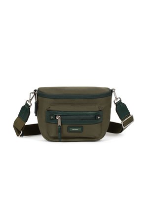 Borsa a tracolla verde in tessuto con tracolla regolabile, tasca frontale con zip e dettagli in metallo argentato.